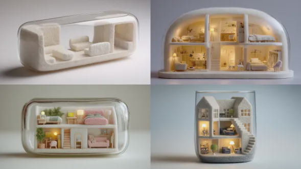 房屋形状的玻璃容器的正交投影，四分之三的摄像机角度，剖面展示多个舒适的室内房间。所有家具、道具和建筑细节都呈现为针毡羊毛微缩模型，具有柔软蓬松的纤维、圆润的边缘和细致整洁的毡制工艺。柔和的轮廓光，干净的极简主义背景，高分辨率的舒适毡艺术立体模型美学。