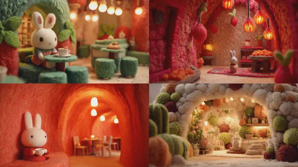 一个钟形椒建筑的舒适内部，部分展示外部，带有毛毡桌子和蓬松的地毯，一只兔子拿着茶杯，悬挂的灯柔和地照亮，以 3d 针毡羊毛纹理制作，异想天开的童话书美学，角落内部视图，电影般的柔焦