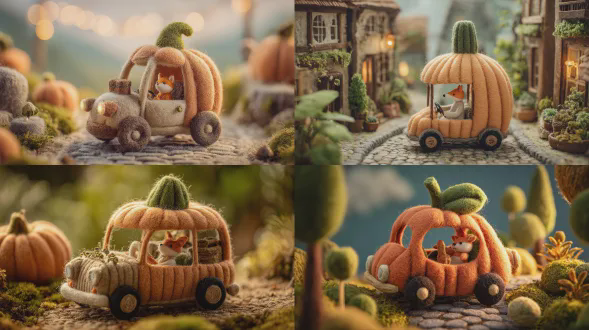 一个胖乎乎的南瓜形汽车的俯视角度，带有粗犷的垂直肋条，顶部有一个小小的绿色茎，以及柔软的羊毛毡表面，里面有一个微小的毡制狐狸司机，行驶在羊毛毡鹅卵石街道上，舒适的羊毛毡纹理，异想天开的童话故事氛围，柔和的晨光，超细节的3d针毡羊毛，柔软的拉绒纤维，浅景深