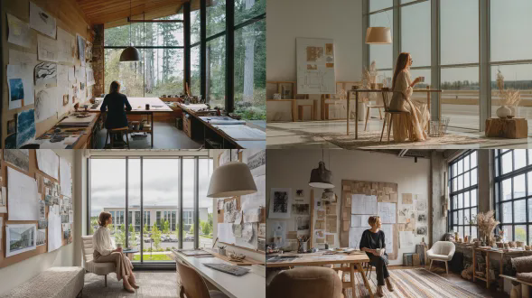 一张建筑师女性在她的办公室里的照片，有着简约风格的家具，墙上有建筑蓝图，站在办公桌旁喝着咖啡，同时望着大窗户。房间宽敞，由落地窗引入充足自然光，带有木质装饰和柔软纹理，比如毛绒椅子和纹理地毯。还有一个展示设计想法的 moodboard 放在米色纸上。一张现代台灯悬挂在桌子上方。拍摄设备是佳能eos r5，f2光圈，iso30，8mm焦距，f/4光圈，l级usm镜头