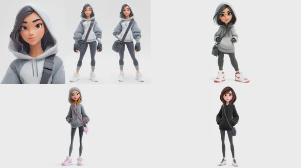 非真实感 3d 外观。一个19岁的美国女孩，有着友好调皮的微笑、富有表情的大眼睛、苗条的运动身材。穿着现代连帽衫、时尚运动鞋、露指手套，斜挎在胸前的斜挎包，脸庞清晰可见，干净青春。全身站立，居中，直视镜头，姿势自信而俏皮。风格化的灯光、大胆的轮廓、柔和的卡通阴影、充满活力但平衡的色彩。高品质3d角色渲染，平滑纹理，皮克斯+蜘蛛侠混合风格。干净的纯白色背景，工作室灯光，没有背景阴影。超细致的角色设计，锐利的焦点