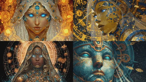 一位强大而庄严的女性战争铁魔像占卜巫师，采用龙与地下城绘画插画风格。她闪亮的青铜色和浅金色瓷质身躯闪耀着 radiant energy，饰有复杂的亮蓝色和炽热橙色金属细丝雕刻，脉冲着神秘力量。她的眼睛闪烁着强烈的燃烧般的蓝色光芒，能量像受控的风暴般闪烁。被遗忘知识的符文刻在她的金属板上，嗡嗡作响着潜在力量。她戴着一层轻薄飘逸的面纱，在她周围飘动。她周围，漂浮的金色符号环轨道运转，闪耀着古老魔法，仿佛她掌控着现实的基本结构。背景是燃烧着神秘光芒的宇宙天空，金色符号在天堂中漂移。她是创造的不朽预言家，一台与宇宙命运绑定的机器。