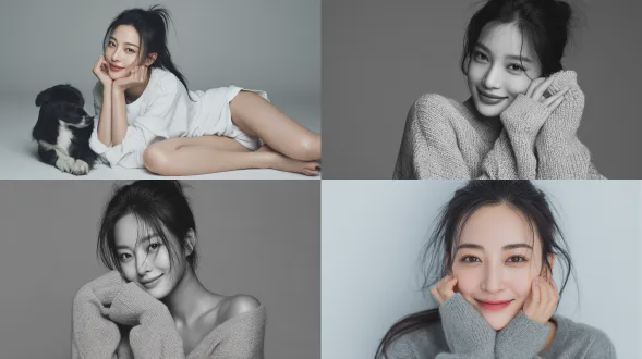 超写实摄影级，杂志封面肖像。柔和、讨人喜欢的室内工作室灯光，增强肌肤光泽，一名年轻的中国顶级偶像女演员，惊艳美貌，长黑发，松散束起，丝滑、健康光泽，轻柔勾勒脸部轮廓，垂落在一侧肩头。精致、小巧、轮廓分明的面部结构，水润、高端极简妆容突出自然美，唇色微染, 诱人浅笑，双手轻托小脸。她穿着超大码t恤, 宽松/男友风，垂挂身形, 高端柔软棉质针织，干净褶皱，高级纺织品垂坠感，与纤细身形形成对比，赤脚，一致黑白色边牧爬服在她身边