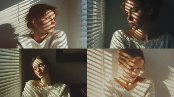 超写实室内肖像，年轻女子静坐在安静房间的窗边。强烈自然阳光透过百叶窗，在她脸、肩、锁骨投下清晰条纹阴影。柔和却高对比的光线，温暖日光色调。她身穿宽松白色针织毛衣，一侧微滑落，自然无摆拍。肌肤自然红润，无磨皮。静谧、亲密、安静氛围。真实相机摄影，抓拍瞬间，浅景深，真实阴影衰减