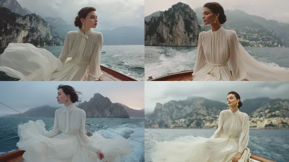 一位优雅的女子坐在游艇船头，身着飘逸的象牙色雪纺连衣裙，长袖高领，褶皱轻柔，腰身处收紧，织物在风中飘动，呈现电影时尚摄影风格，天空阴沉，背景是壮观的山峦与悬崖，有湖泊或海洋景致，氛围宁静奢华，妆容自然，佩戴金耳环，深色头发束成低低的松散发型，具《vogue》编辑风格，浅景深，自然光柔和，色彩柔和，超逼真且细节丰富，使用85mm镜头、f/2.8