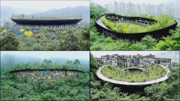 被遗忘的体育场的电影航拍镜头，破败的混凝土建筑，被茂盛的绿色植被和森林覆盖，后末日美学。柔和的阴天日光，逼真摄影，聚焦结构衰变。整个体育场在画面中可见，无人，寂静阴森的氛围