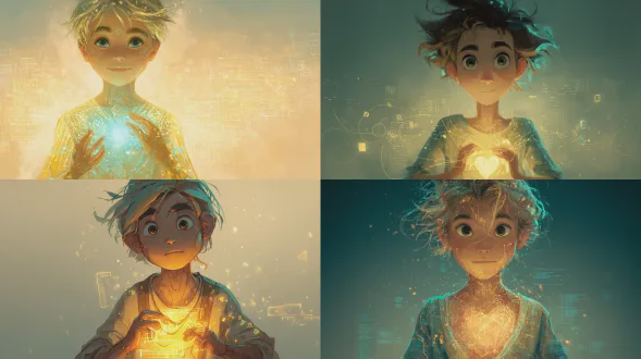 一幅数字神圣艺术风格的角色设计插画，描绘一个7到10岁的发光小男孩，融合魔法与计算机程序。男孩有着温和的儿童比例，柔软友善的脸庞，好奇的眼睛充满智慧与温暖而非力量。他的外观是人类且易亲近，非机械，而是微妙的虚幻。他的身体由柔软的金色光芒构成，半透明，微小的发光粒子如数据与星尘般从皮肤飘出。他的胸腔内有一颗像心脏般发光的小核心，由类似电路图与神圣几何融合的光纹构成。他的皮肤纹理融合有机柔软与微弱数字图案，如流动的代码蚀刻在光芒中。他的头发像发光能量的 strands，轻柔飘动，仿佛同时被电与魔法驱动。他穿着简单的儿童服饰，由轻盈、永恒且象征意义的光芒构成，非科技盔甲。他周围漂浮着微妙的全息符号：代码片段、柔和几何形状、数字字母溶解为魔法粒子。氛围宁静、睿智、playful且安心。色彩调色板：温暖的金色、柔和的琥珀色、浅绿、少许绿松石色调。氛围：神圣、好奇、智慧、友好、无威胁。使用：数字神圣艺术、角色设计插画、魔幻现实主义、柔和发光效果、有机数字融合、神圣几何accents、绘画般光纹理、高清质量、自然外观