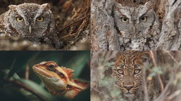 生动抓拍伪装动物在其天然栖息地的画面，特写镜头，动物与环境融为一体，自然光线，微距摄影，细节丰富，保护色，静止潜伏，警惕眼神，环境纹理，大地色系，宁静专注。