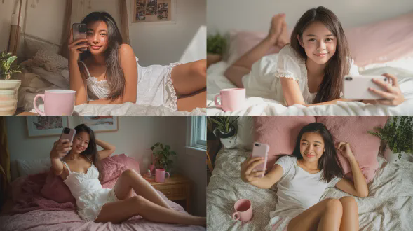 一名15岁东亚女孩俯卧床上自拍，长直浅棕发，白色细肩带吊带背心配荷叶边家居短裤，表情舒适温柔微笑直视镜头，膝盖弯曲脚踝交叉，床头柜有粉色马克杯和盆栽，自然日光，对角线构图，浅景深，柔和漫射光，温暖色调，舒适氛围，生活感，35mm镜头，高分辨率。