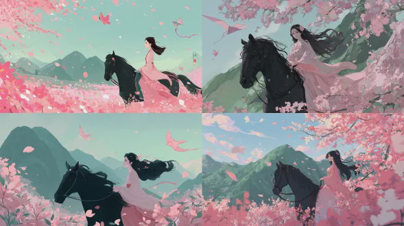 一位年轻的中国女子身着渐变水红色汉服，在春日盛开的樱花林中骑着乌黑发亮的骏马，粉色和白色的花瓣随风 swirling，她的黑发上点缀着一枝樱花，手绘风格的风筝（燕子和蝴蝶形状）在淡蓝色的天空中飞舞，远处是深绿色的山峦，带有柔和的颗粒质感，色彩鲜艳柔和，营造出梦幻浪漫的氛围，具有中国插画风格