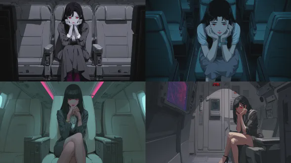 一位有着黑色长发的女孩，身着深灰色裙装，风格为动漫，在夜间坐在飞机座位上，托着下巴低头看。她有红色的眼睛、苍白的皮肤、高跟鞋、赛博朋克服饰、短袖、白色衬衫领、刘海发型、笔直的双手