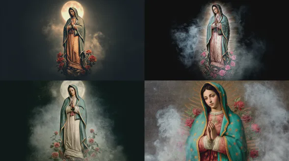 瓜达卢佩圣母手持一些玫瑰，全身像，背景有一缕浅白烟，她的长袍和披风忠实于原作，在图像后方插入如原作中的光线，以及她脚下的月亮，无文字，宗教艺术风格，写实风格
