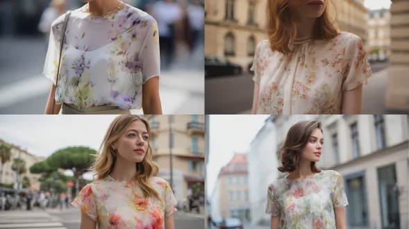 一名23岁的女性，身着优雅精致的女性衬衫衣，圆领口，短袖由轻质雪纺制成，带有精致的柔和水彩花卉印花，正面视角，站在街道上
