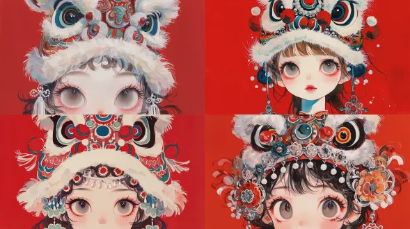 红色背景，水彩和水粉，色彩丰富，描绘了一位拥有大眼睛和长睫毛的惊艳美丽的现代女性，头戴京剧旦角头饰，以及舞狮表演，以低调而奢华的风格相结合。色彩融合，笔触细腻，水墨技巧明显。