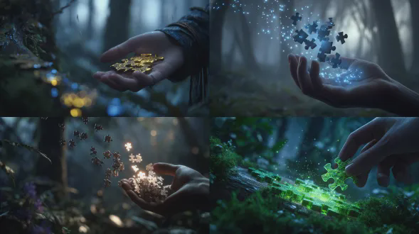 一只手拿着一块发光的拼图，背景是黑暗的森林。拼图碎片正在拼合在一起，在奇幻风格中创造出一种神奇的光芒。图像具有电影感，带有散景效果和景深，从而产生超逼真的外观。