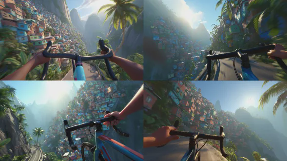 皮克斯风格的3d动画pov，视角来自一辆运动型公路自行车的驾驶舱，前景中清晰可见卡通风格化的人手，牢牢抓住弯把，手指缠绕在刹车罩上。圆润的皮克斯式比例，富有表现力的手，简化了指关节和流畅的阴影。色彩鲜艳的风格化碳纤维自行车车架和把立在手下方可见。自行车停在陡峭悬崖的边缘。远处，一个引人注目的巴西贫民窟沿着山坡倾泻而下，密密麻麻的彩色房屋垂直堆叠，由狭窄的道路和楼梯连接。一条蜿蜒的道路以极低的仰角向下延伸，营造出强烈的眩晕感和巨大的深度。建筑物之间有茂盛的热带植被、棕榈树和绿地。明亮的日光，柔和的全局照明，远处有微妙的大气雾霾。手保持清晰和聚焦，而环境则略微失焦，感觉像是18mm等效的广角镜头，电影级的景深，鲜艳的色彩，流畅的皮克斯品质渲染，沉浸式的第一人称视角。