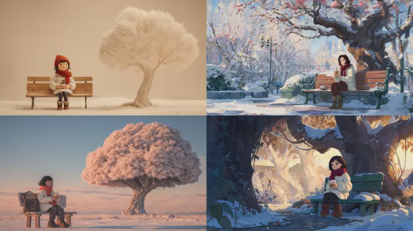 公园里，一棵白色的树矗立着。在它的右边，一个亚洲女孩，裹着一条红色的围巾，穿着一件白色的羽绒服和深棕色的皮靴，坐在一个木制长椅上，拿着一杯奶茶。白雪覆盖的地面，柔和的色彩，温暖的灯光，以及治愈的插画，共同营造出具有超高清晰度细节、8k分辨率和照片般真实感的电影级构图。