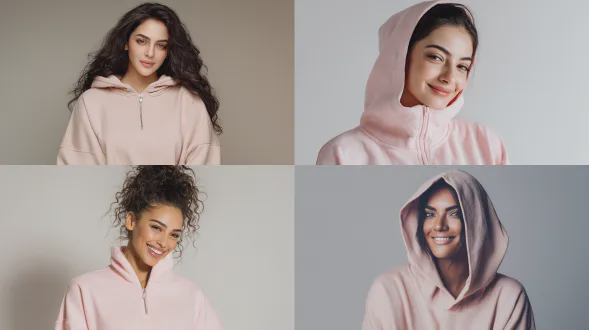 现代埃及女性模特身着oversized浅粉色四分之一拉链卫衣，简约时尚，自信微笑，纯色浅背景，专业摄影，工作室灯光，柔和漫射光，肖像特写，中性色调，高分辨率，极简主义，优雅氛围。