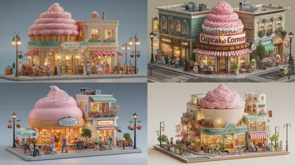 3d q版迷你风格，异想天开的迷你纸杯蛋糕店，外观像一个巨大的纸杯蛋糕，有粉色糖霜和糖屑，正面招牌写着“纸杯蛋糕角落”，两层室内有舒适的细节设计，木质家具，温暖的灯光，包括一位金发女子和一位深色皮肤男子在内的多样忙碌面包师在制作纸杯蛋糕，街道上有可爱多样的小雕像在长椅间漫步或坐着，街灯，盆栽植物，迷人的城市角落，超细节逼真的城市迷你场景，柔和宜人的午后光线