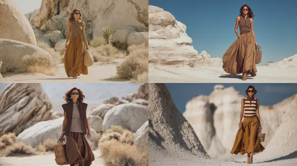 一件无袖、宽松版型的深棕色圆领、半开襟、棕白条纹t恤。搭配一条宽松的棕色亚麻长裙。这位30岁的美国超模有着栗棕色头发，戴着墨镜，提着草编包，戴着厚实的金手镯，脚穿高跟鞋。她正在白色岩石背景的沙漠中漫步。这是一场时尚摄影，呈现出时尚优雅的风格