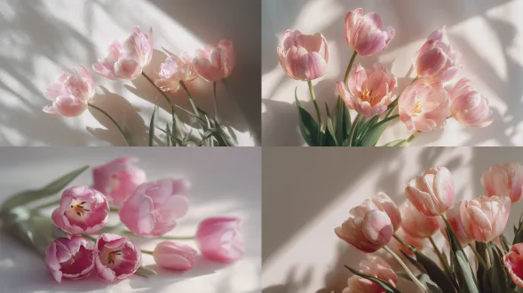 浅色背景上新鲜粉色郁金香的艺术构图，时尚编辑花卉摄影，柔和的阳光，梦幻般的粉彩色调，电影景深，胶片颗粒纹理，优雅的植物海报风格，轻盈的春日氛围，浪漫的情调，现代花卉艺术，奢华杂志美学