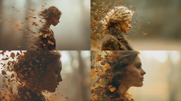 女人消融成飘落的树叶，人形在秋叶从她的轮廓飘落时轻轻破碎，动作缓慢而优雅。温暖的琥珀色和柔和的铜色调占据主导地位。背景柔和模糊，暗示着一片没有细节的森林。光线是漫射的，低对比度，绘画般的柔和。拍摄为精美的艺术概念摄影，50mm 镜头，f/2，浅景深，树叶上的运动模糊，柔和的扩散，情感抽象，诗意的象征意义。