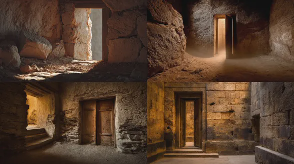 一扇等待开启的古老门扉，遍布裂纹的石墙，饱经岁月侵蚀的表面。一束微妙的光线，空气中漂浮着尘埃颗粒。历经变迁的石块呈现出矿物变色的纹理。空气中弥漫着寂静和期待的氛围。配色方案由柔和的泥土色调和柔和的金色高光组成。以电影建筑摄影的方式拍摄，24mm 镜头，f/5.6，深焦，受控光照，体积感尘埃爆发，克制的戏剧性，永恒的氛围。