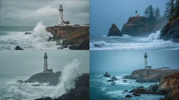 孤立的灯塔抵抗着猛烈的风暴，独自矗立在锯齿状的黑色悬崖上，巨大的海浪猛烈地拍打着岩石，海浪飞沫像凝固的呼吸一样悬浮在空中。阴沉的天空。电影般的现实主义，谨慎的照明，选择的颜色调色板为板岩蓝、铁灰和苍白。使用全画幅相机拍摄，35mm 镜头，f/4，长曝光感，雨和海浪中微妙的运动模糊，大气深度，自然颗粒感，诗意的张力，受控的构图