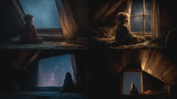 孩子在阁楼里望着星星，矮小的身影坐在屋顶下布满灰尘的窗户旁，脸庞被遥远星光温柔地照亮。透过玻璃可见夜空，深靛蓝色调点缀着微弱的星星。室内纹理陈旧，木头表面哑光且粗糙，旧封面上可见织物纤维。温暖的内部黑暗与凉爽的星光形成对比。亲密而寂静的氛围。拍摄为电影照片，85mm 镜头，f/1.8，低光曝光，柔和衰减，柔和扩散，情感克制，诗意现实主义。