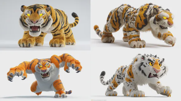 巨大的老虎，3d角色模型，光滑表面，哑光纹理，无皮毛，风格化动画风格，儿童书籍插画，纯白色背景，工作室灯光，孤立的人物，戏剧性打光，锐利阴影，橙色带黑色条纹，发光的黄色眼睛，贪婪的，狡猾的，威胁性的，有趣但吓人，全身镜头，双腿站立，锋利的爪子，高质量，8k渲染，柔软皮毛