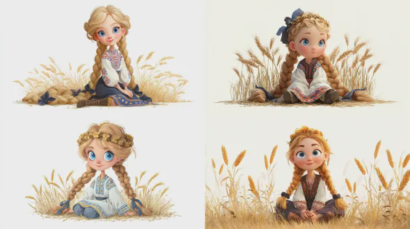 可爱的风格化金发女孩，蓝色的大眼睛，坐在麦田里，穿着传统的乌克兰刺绣连衣裙（vyshyvanka），长长的辫子头发搭配深色丝带，金色的小麦和花冠，柔和的灯光，可爱的卡通人物风格，超详细，3d插图，白色背景，鲜艳的色彩，欢快的心情”