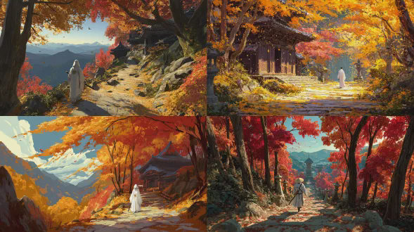 令人惊叹的日本秋季风景，到处都是金色和深红色的枫树，在明亮的阳光下闪闪发光。落叶散落在一条石路上，通往一座被大自然包围的传统日本寺庙。一个孤独的、戴着兜帽的武士，穿着飘逸的白袍，武士刀放在身边，风轻轻地吹起他周围的落叶。空气清新，光线温暖金黄，远处的山峦和清澈的蓝天构成了宁静而有力的秋天氛围超细致，电影般的灯光，鲜艳的色彩，宁静而高贵的色调