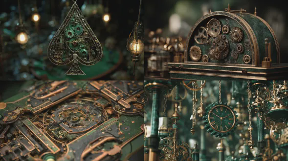 3d蒸汽朋克扑克牌雕塑，精密机械结构，黄铜与齿轮装饰，悬浮于复古实验室，景深效果，顶光与侧光结合，金属光泽与暗绿铜锈，充满神秘与奇幻感，赛博朋克美学，高细节渲染，等距视角，立体感强。