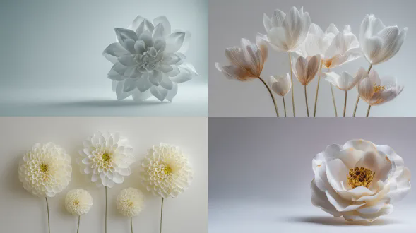 3月8日妇女节概念优雅8号鲜花构成白色背景简约设计库存风格，立体数字花卉雕塑，居中构图，工作室灯光，柔光箱，无影照明，商业摄影，高清细节，柔和色调，象征温柔与力量，干净雅致，现代简约。