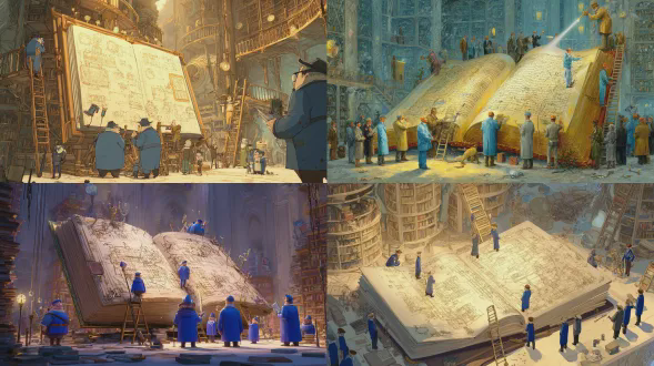 这是一个超现实和异想天开的场景，身材矮小的建筑工人现在穿着优雅的蓝色西装，打着领带，聚集在一本巨大的打开的书周围。这本宝石书古老而厚重，厚厚的书页上充满了神秘的符号、蓝图和复杂的图表。一些工人站在梯子上，翻动巨大的页面，而另一些工人则在小剪贴板上做笔记。一些人正在使用放大镜来研究复杂的细节，一个团队正在设置一台投影仪来分析文本。一位穿着迷你教授长袍的小学者正用微型激光笔指着一个部分。环境温馨而知性，红木桌子上方，柔和的金色灯光，周围高耸的书架。超现实的电影灯光、高度细致、异想天开但栩栩如生的氛围