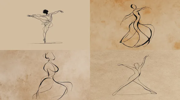 单一连续线条极简主义女性身体舞蹈插画，优雅流畅的单一线条构成舞蹈的人体，温暖的米白色背景上平滑不间断的黑色线条，现代抽象肖像，平衡的负空间，精致简约的美学，手绘墨水风格，微妙的纸张纹理，无阴影，无色彩填充，当代墙面艺术，斯堪的纳维亚/现代画廊风格，高分辨率艺术印刷品，简洁的构图