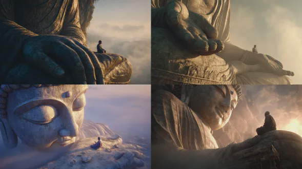 一尊巨大佛像手掌上结跏趺坐冥想的佛教僧侣。超写实风格，细腻的皮肤纹理，柔和的自然光线，历经岁月磨损的金色石质表面，宁静的氛围。大雾在巨大雕像周围升腾，温暖的日出光线，平和神圣的情绪，电影化构图，超精细，8k写实。