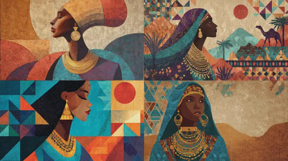 创建一幅受娜塔莉亚博尼利亚风格启发的几何抽象画。场景应描绘一位来自苏丹东部的苏丹女性，拥有深棕色皮肤和明显的东非特征。她穿着传统的苏丹东部服饰，如色彩丰富的托布和金色珠宝（像三角形耳环和多层项链）。将骆驼牧民替换为她的形象。背景应包括沙丘、棕榈树和简约建筑形式等象征性沙漠图案。巧妙地将苏丹东部或贝贾文化符号融入构图，如受纺织品启发的几何图案和新月图案。完全移除红色太阳。使用受苏丹东部传统启发的调色板：深靛蓝色、温暖赭石色、赤土色、蓝绿色和少许藏红花金色。这幅作品应具有平衡的构图、现代抽象装饰艺术风格，且质感如油画布