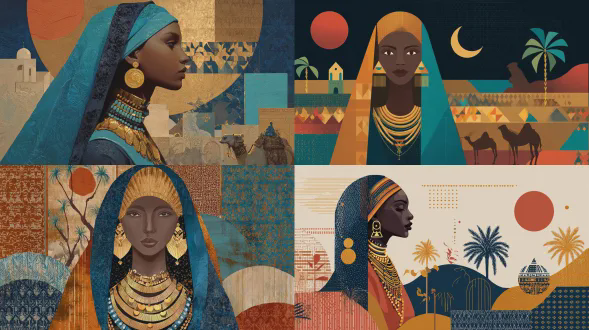 创建一幅受娜塔莉亚博尼利亚风格启发的几何抽象画。场景应描绘一位来自苏丹东部的苏丹女性，拥有深棕色皮肤和明显的东非特征。她穿着传统的苏丹东部服饰，如色彩丰富的托布和金色珠宝（像三角形耳环和多层项链）。将骆驼牧民替换为她的形象。背景应包括沙丘、棕榈树和简约建筑形式等象征性沙漠图案。巧妙地将苏丹东部或贝贾文化符号融入构图，如受纺织品启发的几何图案和新月图案。完全移除红色太阳。使用受苏丹东部传统启发的调色板：深靛蓝色、温暖赭石色、赤土色、蓝绿色和少许藏红花金色。这幅作品应具有平衡的构图、现代抽象装饰艺术风格，且质感如油画布