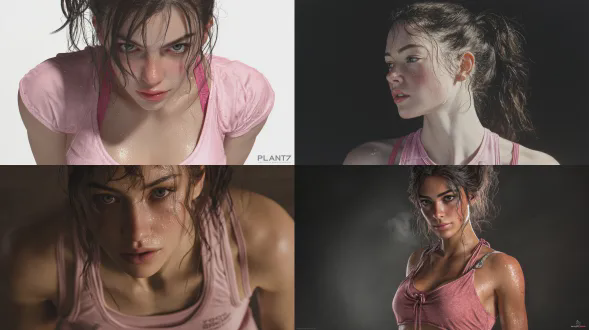 超逼真肖像，电影级真实", 一名20岁的白人女性，运动型身材，健美体格，苍白肤色, 深棕至黑发色，凌乱高马尾，汗湿碎发贴面，超真实皮肤细节，高强度运动后光泽，大汗淋漓，可见毛孔，脸颊红，她正在轻吐气，微张嘴呈“呼”状，专注凝视，疲惫却满足。女生上身穿单色淡粉色健身套装，运动休闲风， 紧身短款粉色吊带背心，细肩带，下摆微卷，下面穿宽松粉色运动长裤，可见抽绳与弹力腰头，柔软棉质纹理