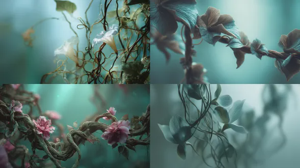 超现实有机建筑，交织植物藤蔓与人体结构融合，叶子纹理与花朵盛开，空灵构图，自然不对称，梦幻流动，生物形态设计，柔和自然光，浅景深，柔焦，低饱和度，青绿色调，宁静神秘。