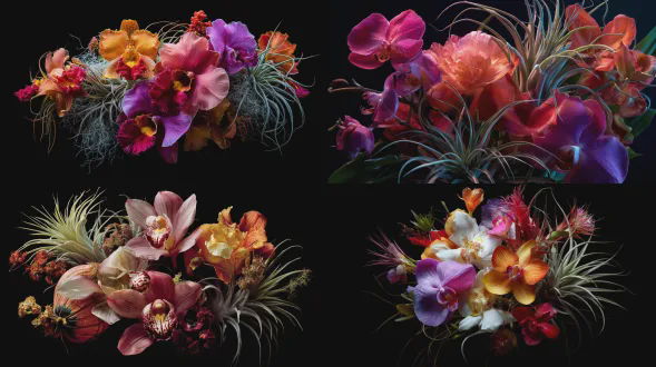 一束热带花卉，包括兰花和空气植物，黑色背景，色彩丰富，深色，采用大卫·拉夏佩尔的风格，特写。