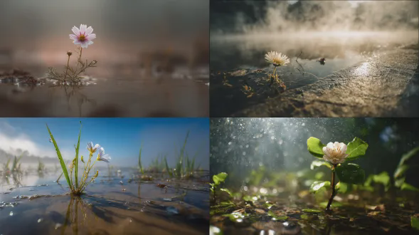 水反射清晰，薄雾缭绕，一花从裂地绽放，空灵写实，阳光明亮，广角镜头，微距特写，高动态范围，柔和散射光，自然色彩，宁静坚毅。