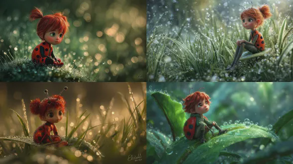 美丽的晨露。一个红色头发的拟人化小瓢虫女孩坐在晨露上。半写实插画风格。作者：e.h.谢泼德。电影般的。 2d.超详细。杰作。梦幻般的