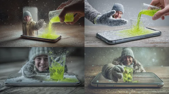 一张超现实主义的超现实照片，一部现代智能手机平放在木质桌面上，其屏幕充当两个世界之间的传送门。从手机屏幕内部，一位穿着冬季服装——羽绒服、针织毛线帽、手套——的年轻微笑男子向外伸出手，举着一只透明玻璃杯。从手机外部，一只真实的人手将明亮的霓虹绿色碳酸饮料倒入玻璃杯中，液体在穿越数字屏幕与现实边界时被瞬间定格于半空。雪花在手机屏幕内飘落，而真实环境保持温暖且极简。超精细纹理、电影感灯光、浅景深、摄影超现实主义、高分辨率编辑摄影