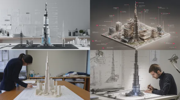 生成一张哈利法塔的超写实、等距3d“爆炸视图”立体模型，展示哈利法塔被解构为各结构系统，并由建筑模型制作团队组装比例版本的场景。 1. 语义工程分析： 第1层（表皮）：外立面幕墙板、窗户、覆层、屋顶、入口雨篷 第2层（结构）：钢框架、楼板、柱、梁、电梯井、楼梯间、机电系统 第3层（基础）：地下室层、支撑柱、公用管线、暖通空调机组、单个铆钉/螺栓、钢筋笼 2. 容器： 表面：建筑师绘图桌，带切割垫与t形尺 布局：建筑层垂直堆叠，展示从地面向上的建造序列 连接：白色建筑剖面线，显示结构荷载路径与流线 附加元素：蓝图纸张、比例尺、材料样板、立面图 3. 微叙事： 关键：此为元叙事——微型工人正在制作一个正在被更微型工人制作的模型。递归尺度概念。 工人：1:87比例模型制作者，穿黑色高领毛衣（建筑师刻板印象） 设备：激光切割机、3d打印机、轻木切割台、亚克力粘合架、微型起重机定位楼板 互动：建筑师切割泡沫板、组装轻木框架、安装微型窗户、喷涂立面、摆放比例家具 4. 视觉语法与材料物理： 材料：轻木纹理、透明亚克力板、白色泡沫板、黄铜杆框架、博物馆级卡纸质感 灯光：建筑工作室轨道灯，营造戏剧性模型阴影 特效：胶水拉丝、木屑、喷漆雾、激光切割灼痕 输出：抬高四分之三视角，建筑展示，8k，archdaily模型摄影美学