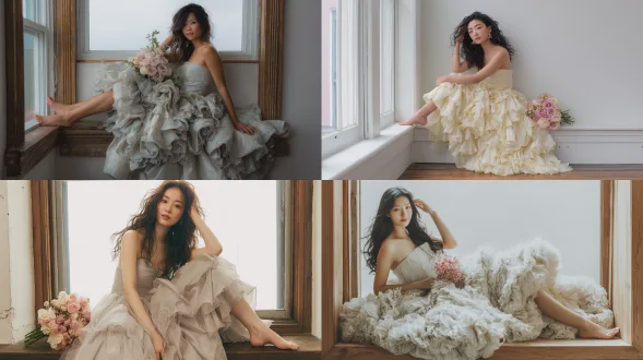 一名20岁左右东亚女子，拥有一头浓密飘逸的长卷发，发色为灰棕色，并挑染着近乎白金色的金色高光。 服装细节：她身着一袭奢华的舞会礼服，米白色面料泛着珍珠般的光泽。无肩带设计露出她纤细的肩膀和手臂，裙摆蓬松，层层叠叠的荷叶边精心排列，营造出如云朵般轻盈飘逸、花瓣绽放的质感。面料似乎是缎面或丝绸塔夫绸，柔和地反射着光线，散发出复古而华丽的气息。配饰极简，使整体造型显得纯真自然，焦点集中在她手中的花束上。她赤着脚，更添一份轻松、自然而亲密的氛围。 姿势细节：她侧身坐在宽阔的木质窗台上，背部随意地倚靠在右侧窗框上。双腿向前伸展，脚趾轻触窗台另一侧，给人一种俏皮又不失优雅的感觉。她的左手捧着一束柔和的粉白玫瑰，放在膝上；右手则自然地抬起，轻抚脸颊或发丝，带着一丝羞涩。她面带平静，直视镜头。 背景：窗框是温暖的橙棕色木质，与浅色礼服形成对比。窗户周围的墙壁上攀爬着深绿色叶片的植物和盛开的小粉玫瑰，自然地衬托出人物的轮廓。光线柔和自然，很可能是在日落时分或阴凉处拍摄的，营造出漫射光，没有生硬的阴影。