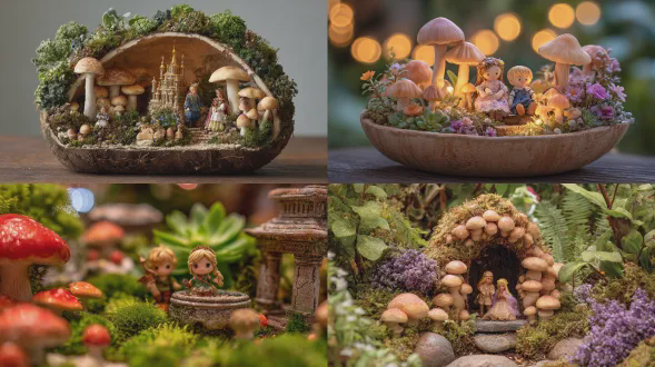 一个神奇的微型花园，里面有一个小小的公主玩偶和王子玩偶，置身于一个神奇的、隐藏着的微型蘑菇世界中