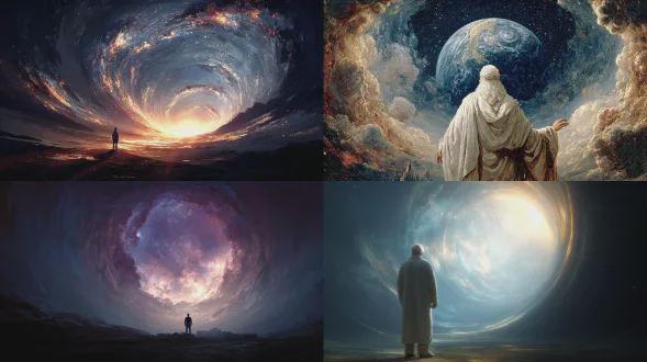 给我展示一张创世第一天上帝俯瞰宇宙的广角图像。他的全知允许他同时看到宇宙的开端和终结。将上帝的全知表现为一条时间从中流逝的隧道，隧道的尽头是宇宙的终结。上帝自己站在这条隧道前面，新创造的地球在他面前。透过隧道，可以看到地球的不同时代，最远的地球景象是宇宙的终结