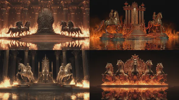 史诗般的黑金铁王座被燃烧的火焰环绕，雄伟的骏马在王座周围奔腾，强大的战马雕像嵌入剑形王座中，流动的马鬃金属质感，带有清晰倒影的反光水台，深橙色环境光，电影感轮廓光，金属光泽，奢华的酒吧战斗风格，照片级写实，超细节，3d渲染，无文字，雄伟气势，霸气的冠军海报